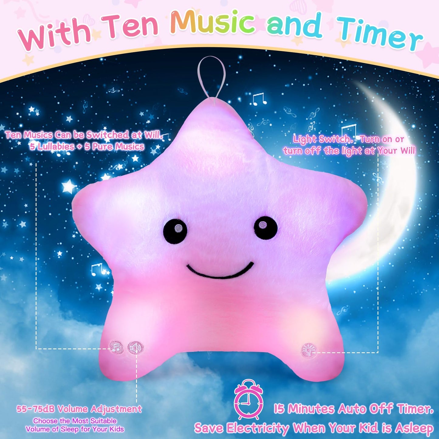 Subao Sensory Toys for Kids | 14” Twinkle Star Pillow with Light & Music