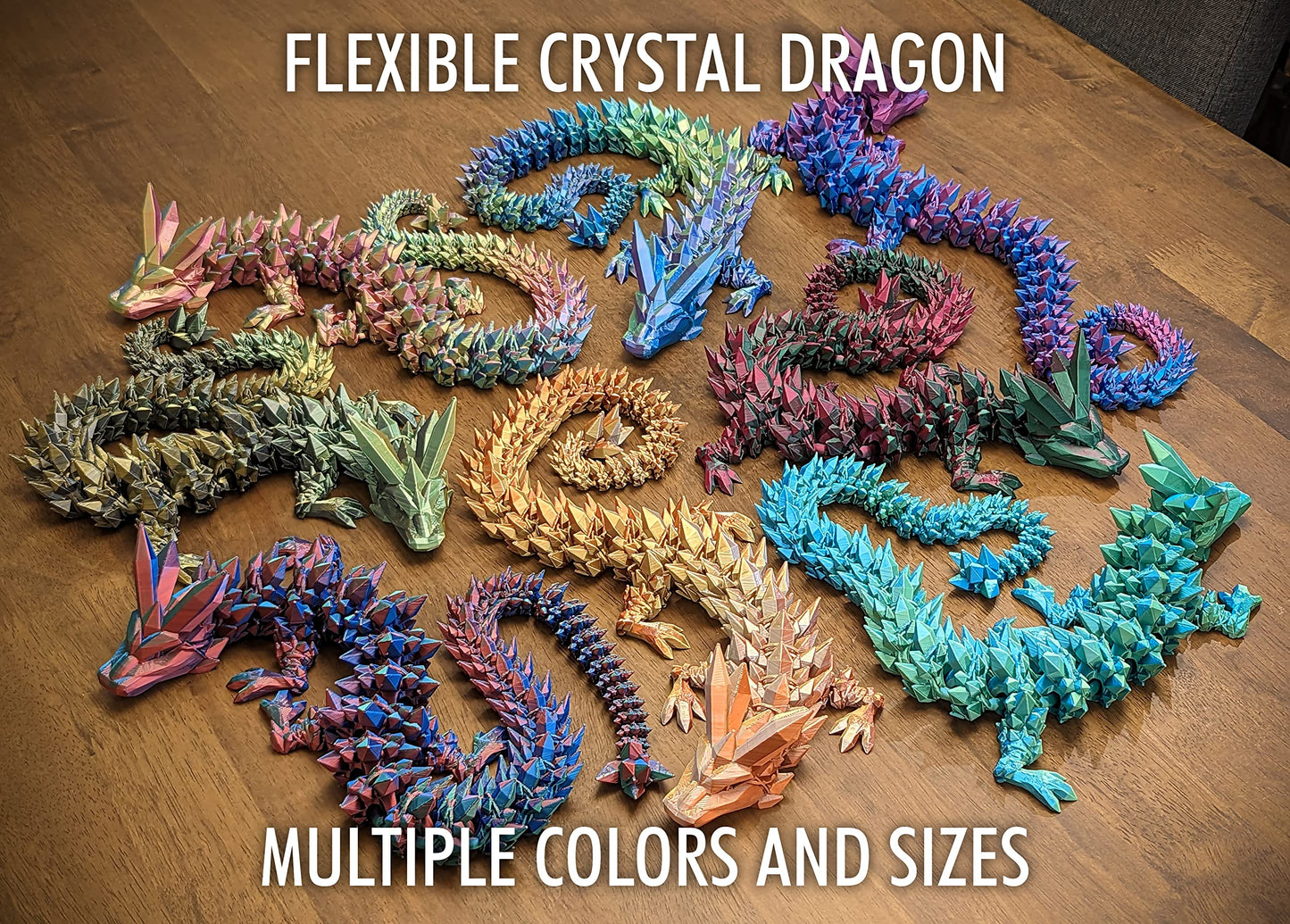 Subpoly Medium 12-inch Articulated Crystal Dragon – Dark Rainbow, Interlocked Segments