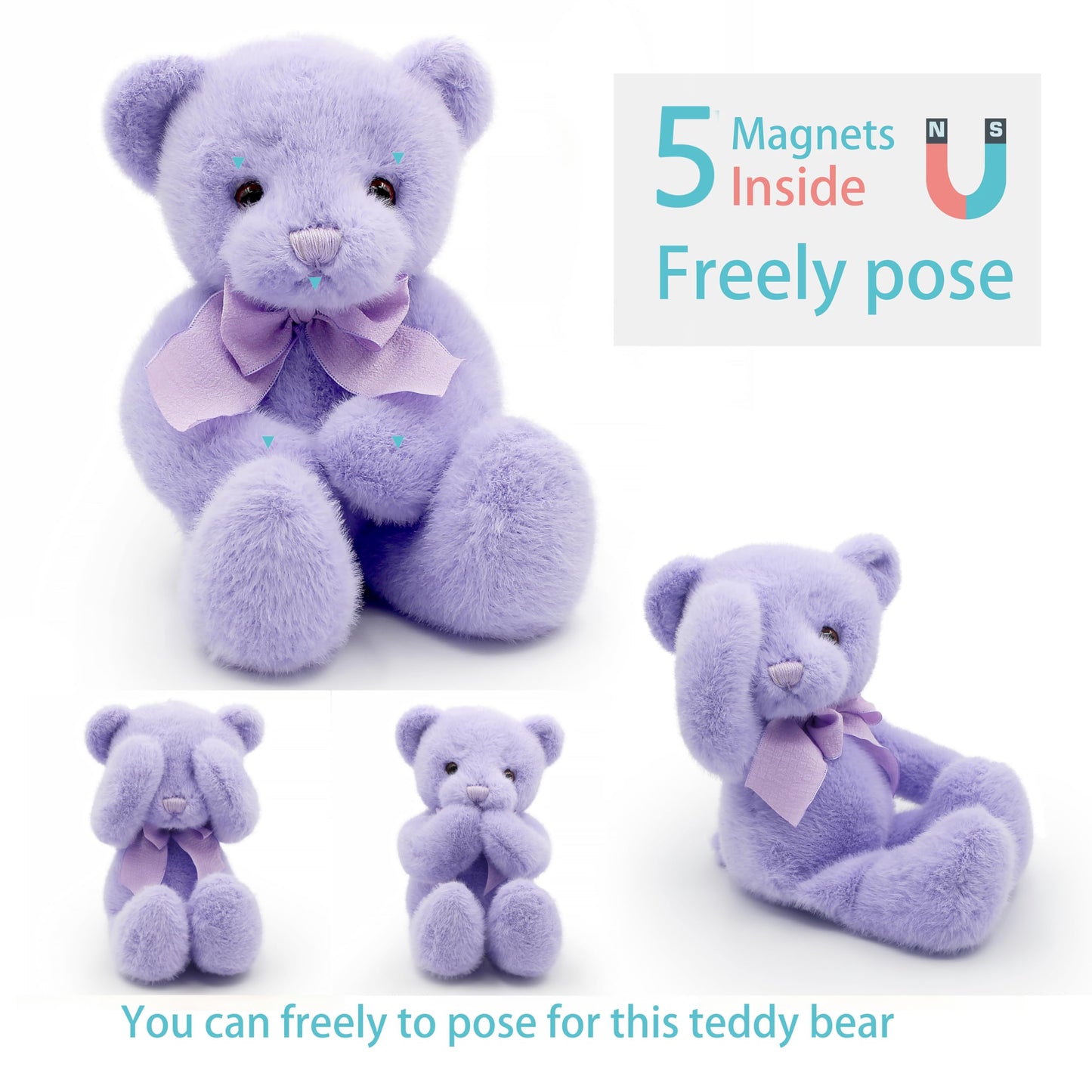suepcuddly Small Magnet Teddy Bear – 12-inch Purple Plush with Poseable Joints