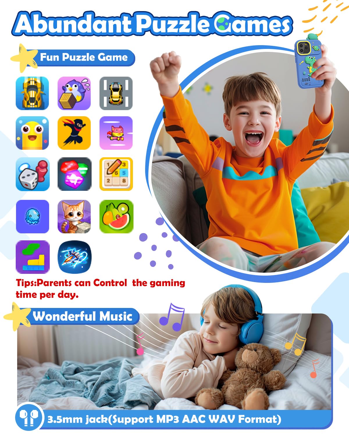 Sueseip Kids Smart Phone – Dual Camera Toy for Ages 4-10, Games, SD Card & Screen Protector