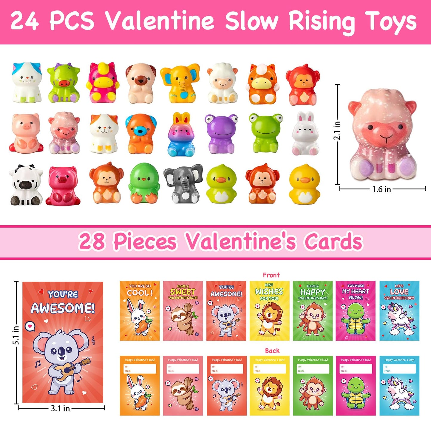 Sufuplay 24-Pack Valentines Day Gifts for Kids — Slow Rising Toys with Card Reveal