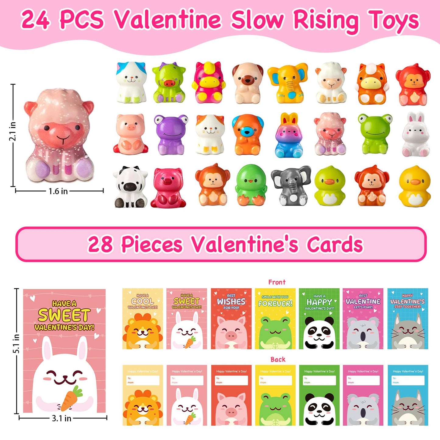Sufuplay 24-Pack Valentines Day Gifts for Kids | Slow Rising Toys & Cards