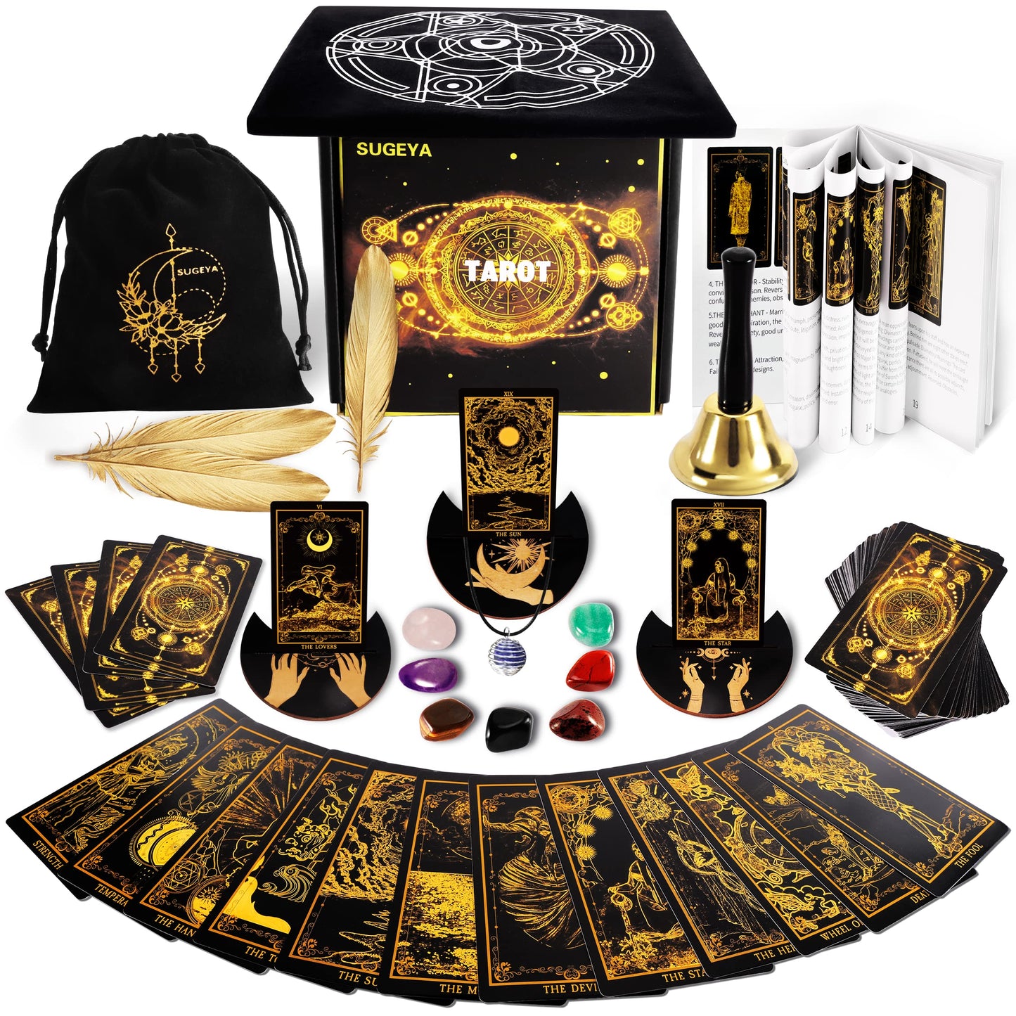 SUGEYA 78 Tarot Cards with Guide Book — Black Deck Gift Set with Chakra Stones