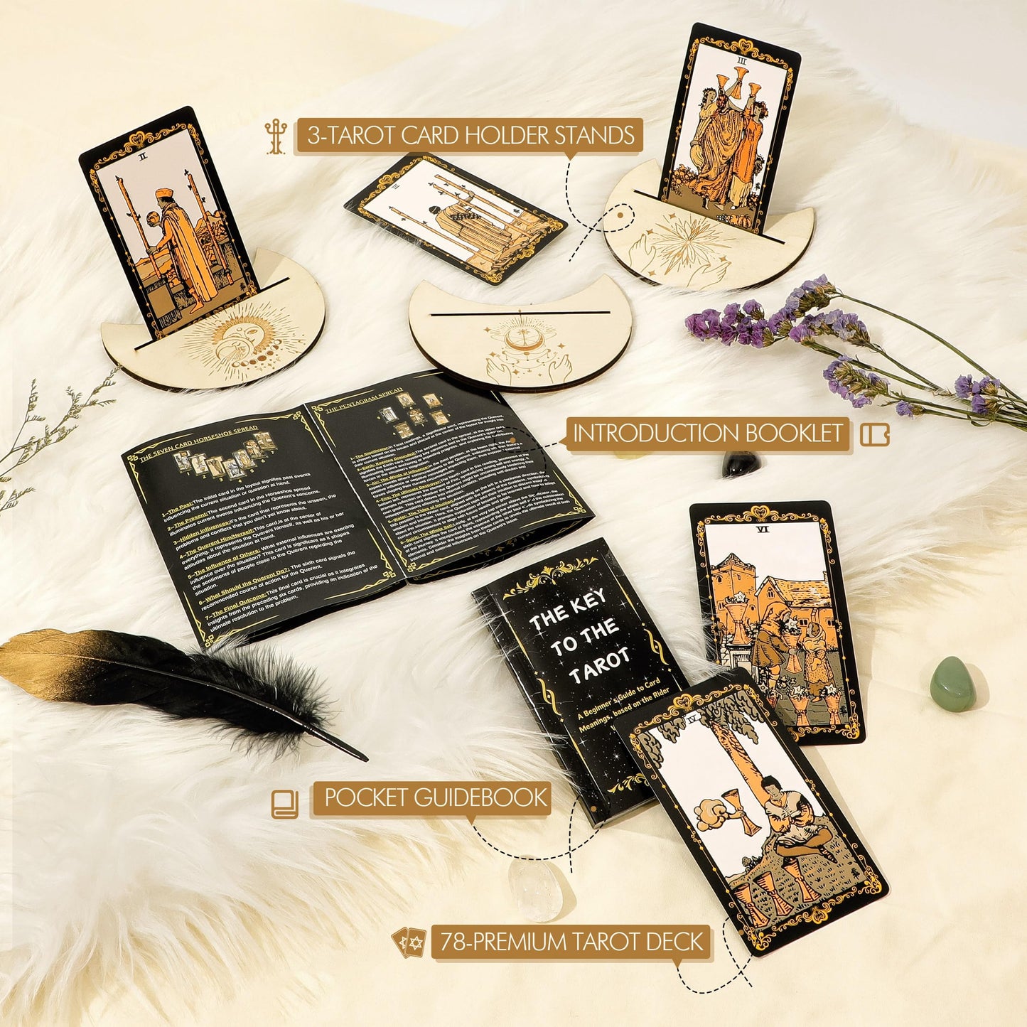 SUGEYA Tarot Cards – 78-Card Black Deck with Guide Book, Velvet Bag, Table Cloth & Chakra Stones
