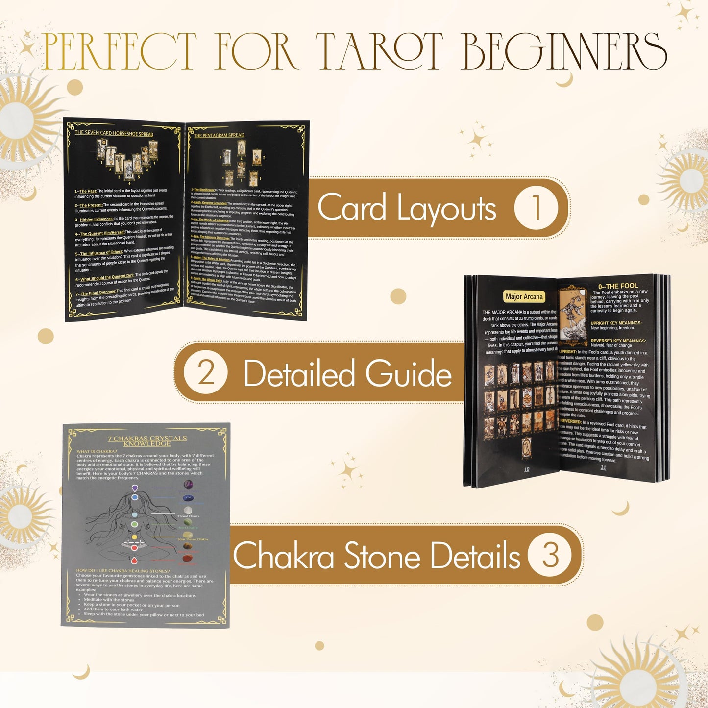 SUGEYA Tarot Cards – 78-Card Black Deck with Guide Book, Velvet Bag, Table Cloth & Chakra Stones