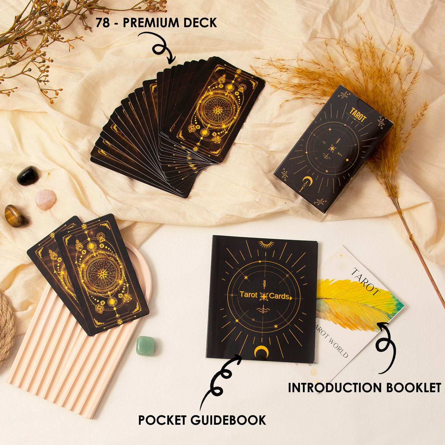 SUGEYA 78 Tarot Cards with Guide Book — Black Deck Gift Set with Chakra Stones