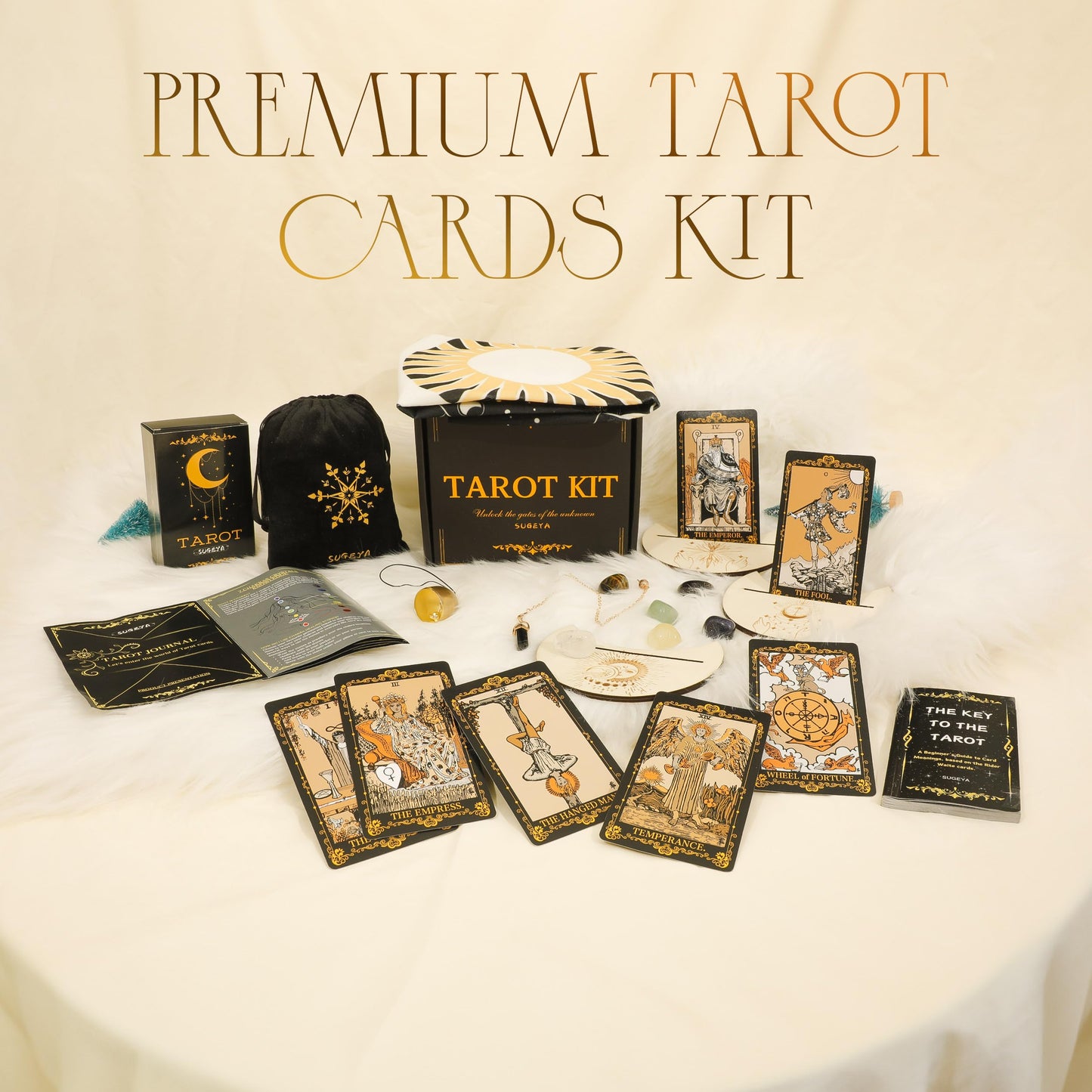 SUGEYA Tarot Cards – 78-Card Black Deck with Guide Book, Velvet Bag, Table Cloth & Chakra Stones