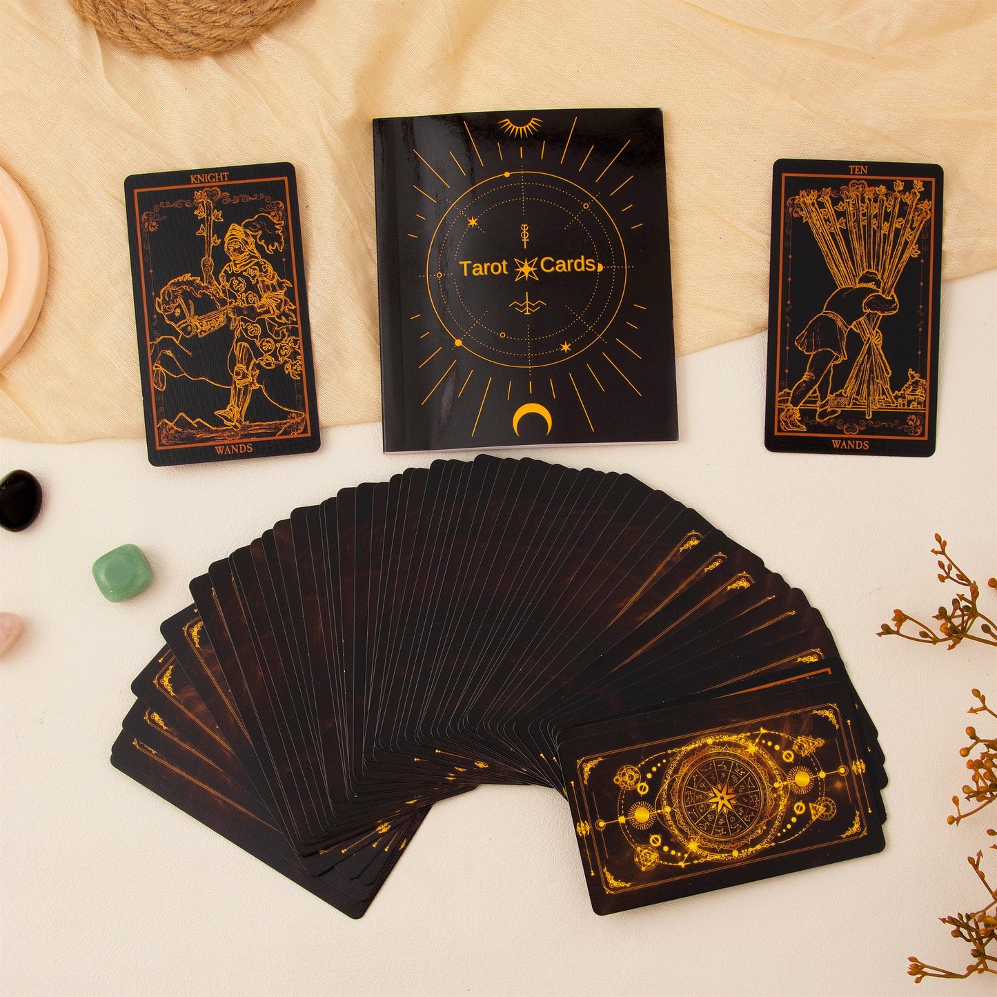 SUGEYA 78 Tarot Cards with Guide Book — Black Deck Gift Set with Chakra Stones