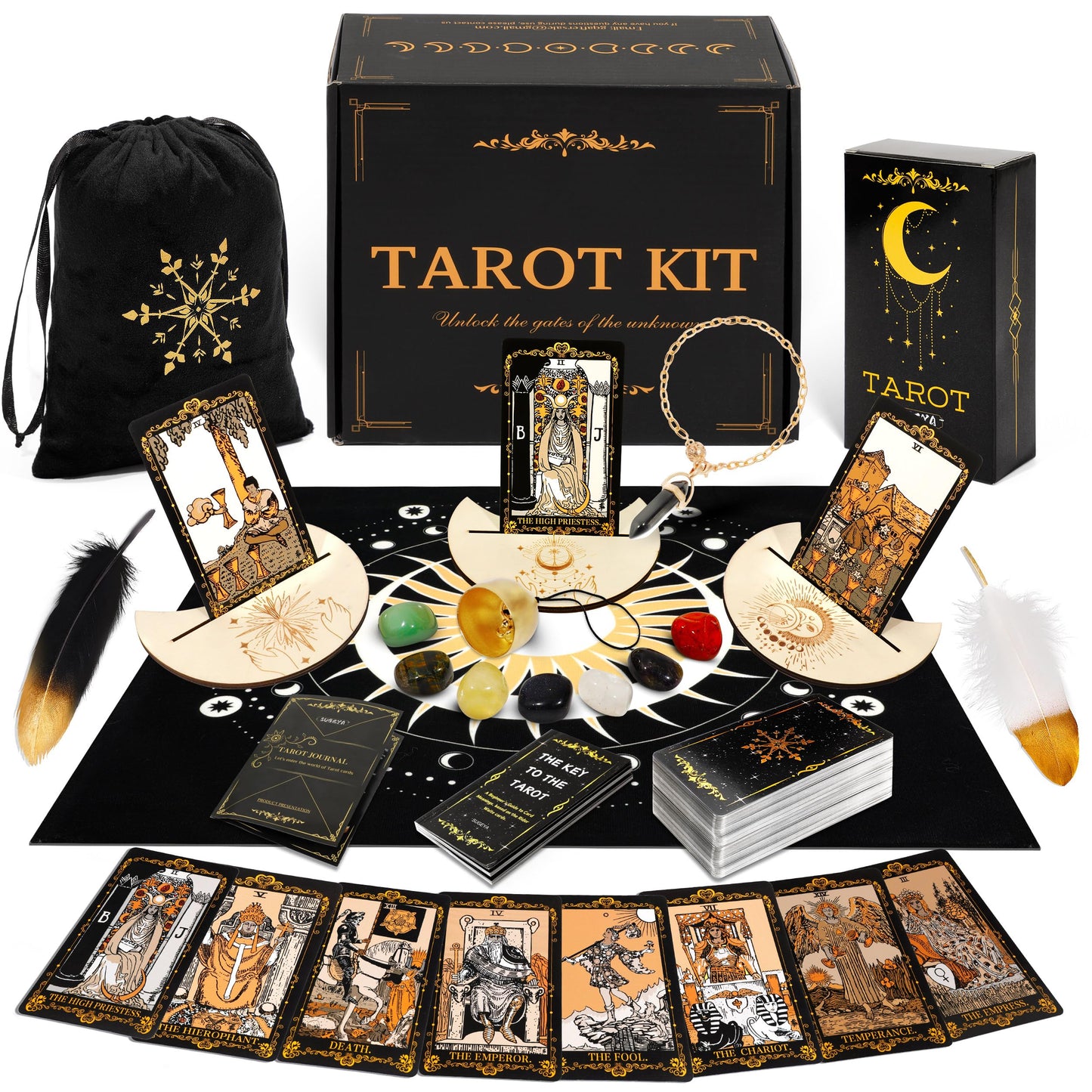 SUGEYA Tarot Cards – 78-Card Black Deck with Guide Book, Velvet Bag, Table Cloth & Chakra Stones
