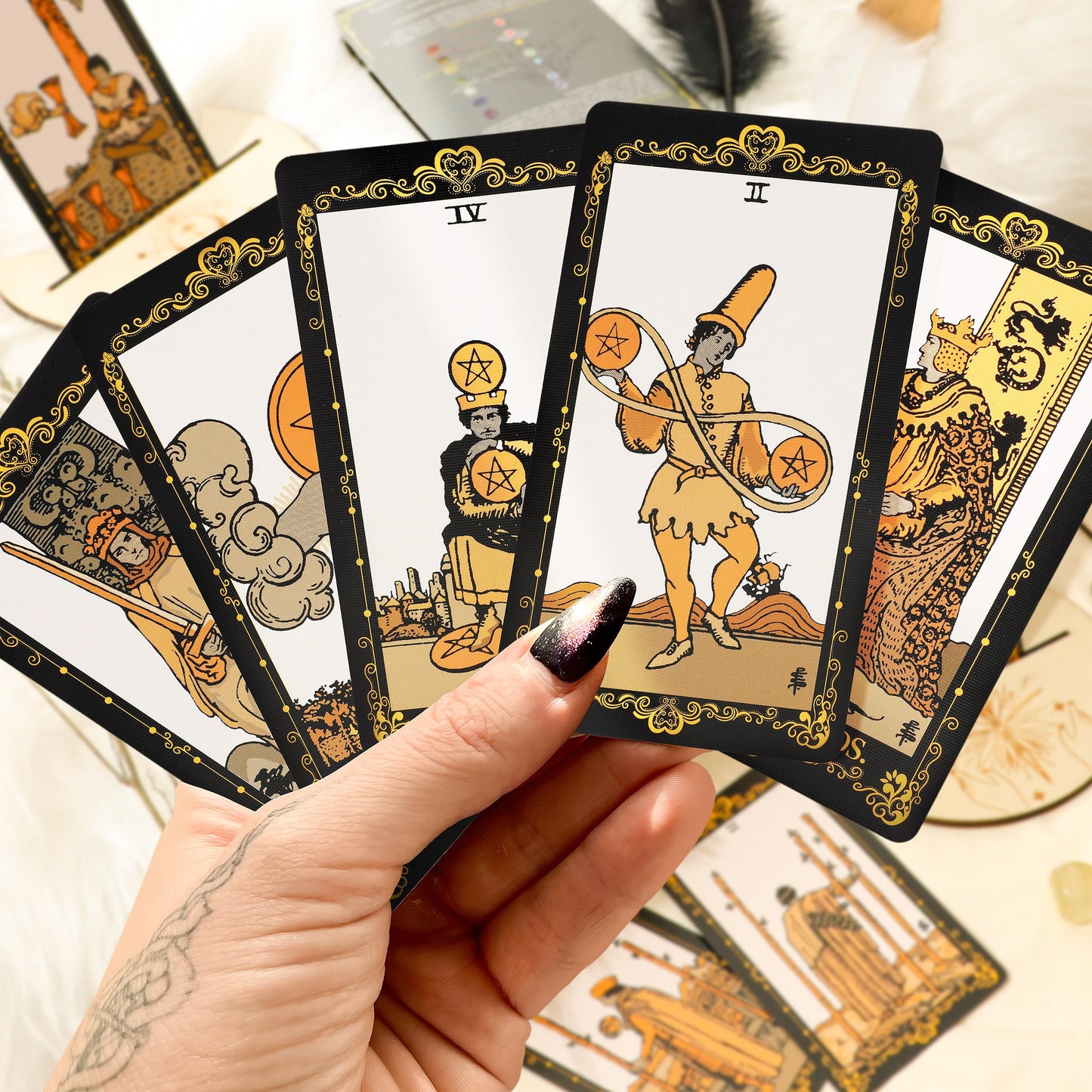 SUGEYA Tarot Cards – 78-Card Black Deck with Guide Book, Velvet Bag, Table Cloth & Chakra Stones
