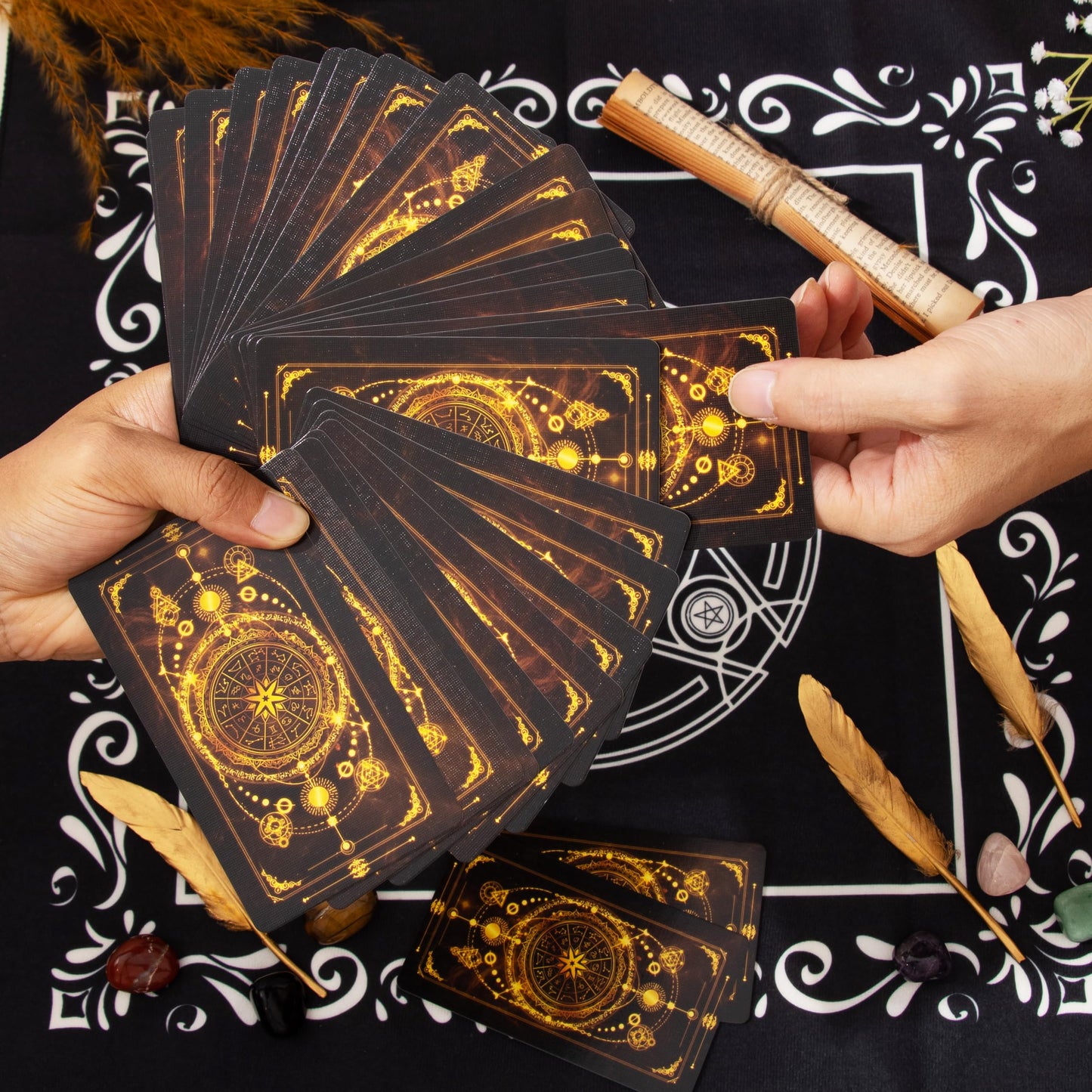 SUGEYA 78 Tarot Cards with Guide Book — Black Deck Gift Set with Chakra Stones