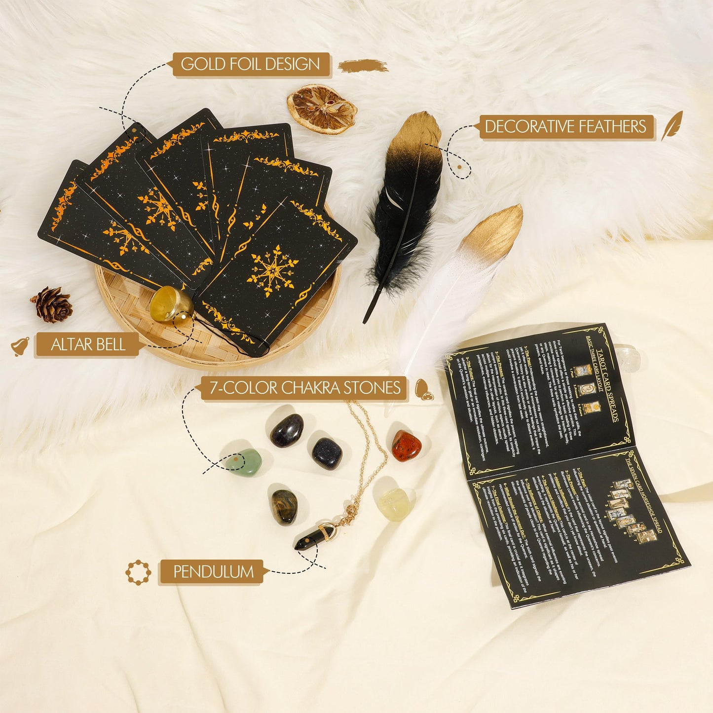 SUGEYA Tarot Cards – 78-Card Black Deck with Guide Book, Velvet Bag, Table Cloth & Chakra Stones
