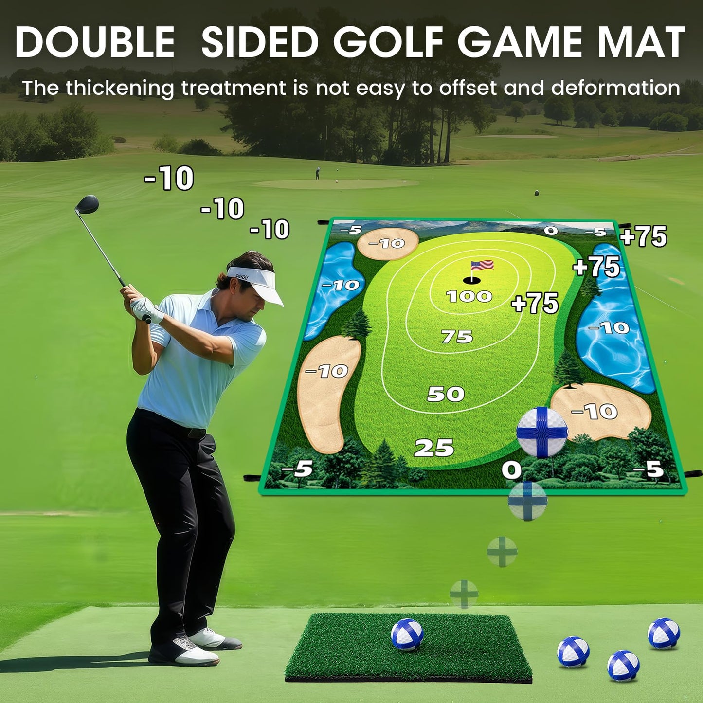 SUGFUT Golf Chipping Game 70x70 Double-Sided Mat Kit with 20 Sticky Balls & Portable Bag