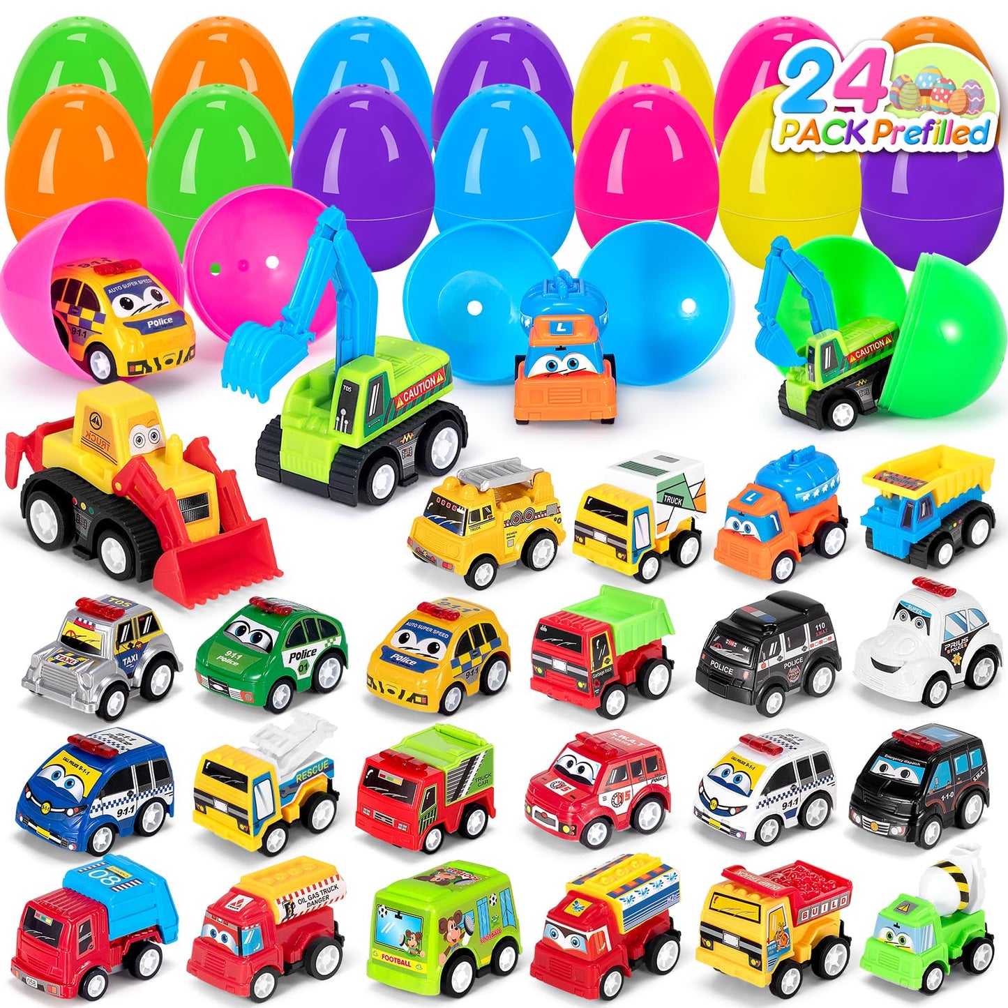 SUGFUT 24-Piece Prefilled Easter Eggs with Pull-Back Cars