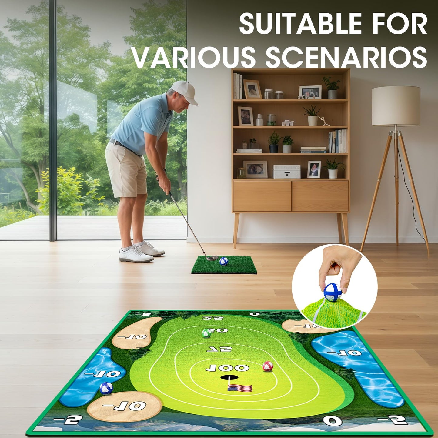 SUGFUT Golf Chipping Game 70x70 Double-Sided Mat Kit with 20 Sticky Balls & Portable Bag