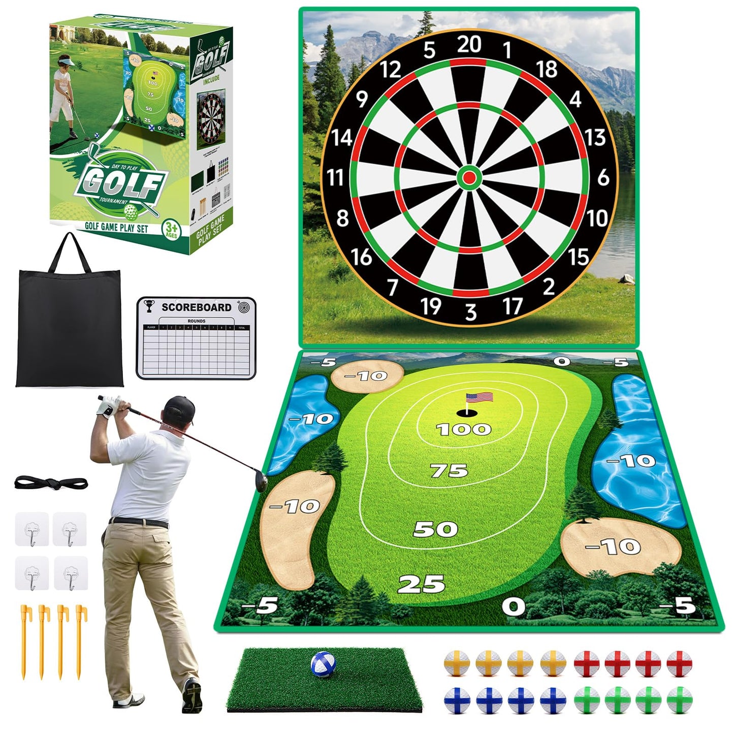 SUGFUT Golf Chipping Game 70x70 Double-Sided Mat Kit with 20 Sticky Balls & Portable Bag