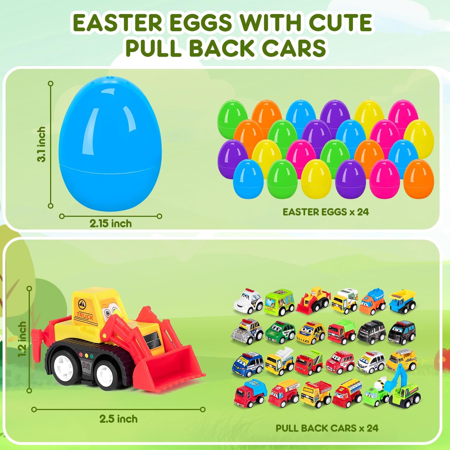 SUGFUT 24-Piece Prefilled Easter Eggs with Pull-Back Cars