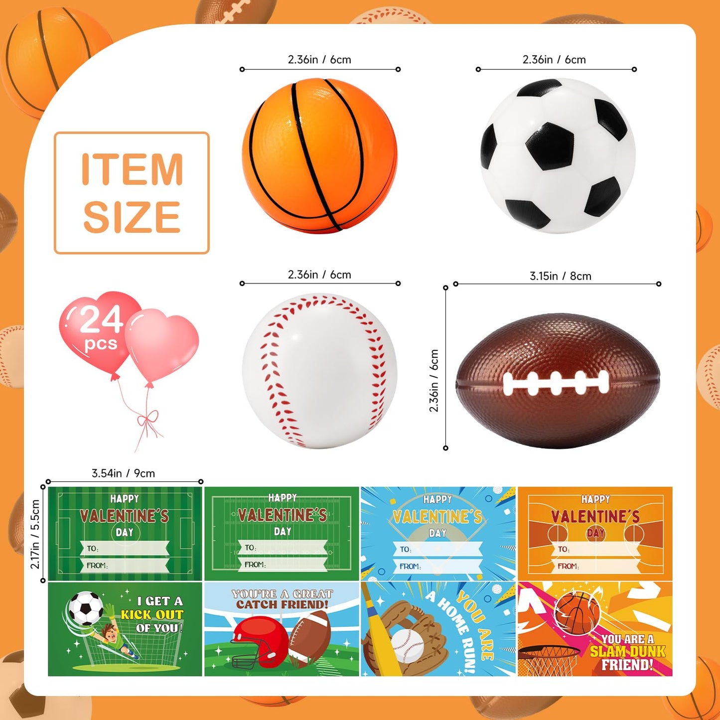 Suhctuptx 24 Pack Sports Stress Balls – Valentines Day Gifts for Kids & Classroom
