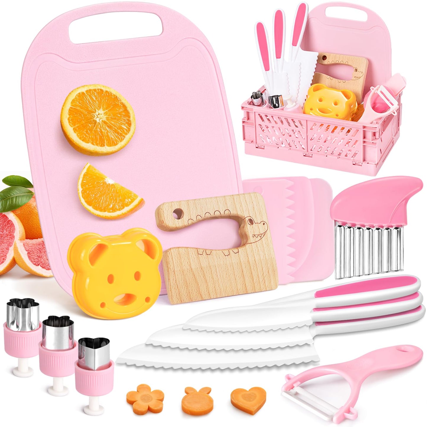 28PCS Toddler Knife Set for Real Cooking | Suhctuptx Wooden Kids Kitchen Tools (Crocodile 16PCS)