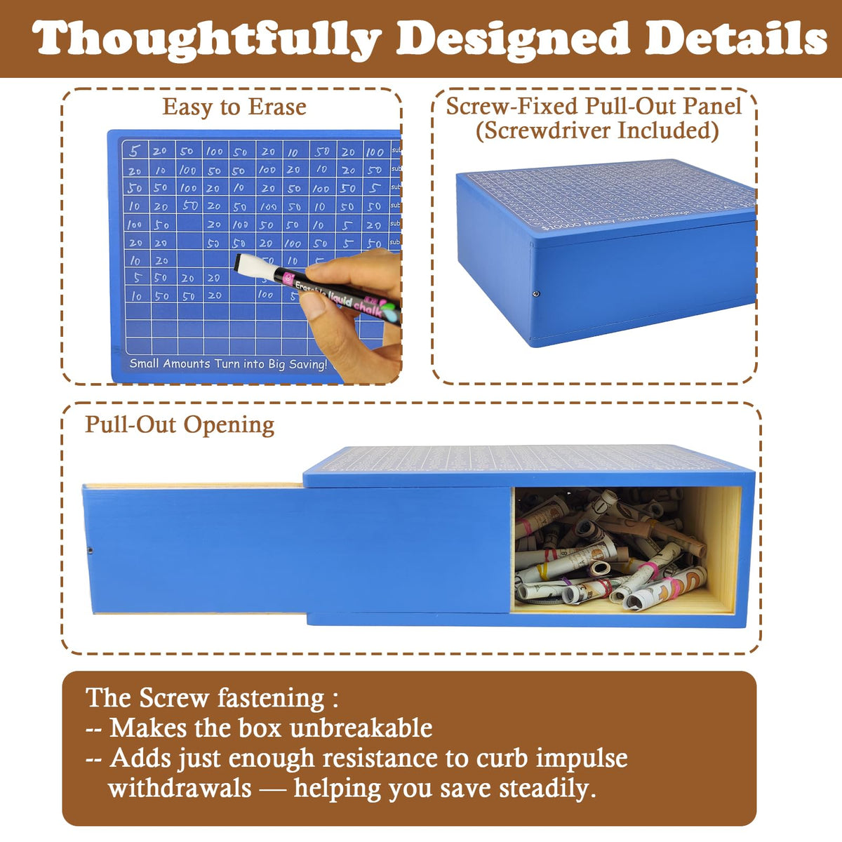 Suifaly Wooden Money Saving Box with Tracker – Blue Piggy Bank for All