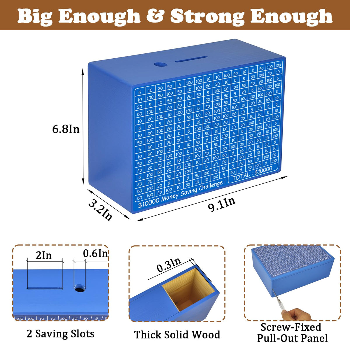 Suifaly Wooden Money Saving Box with Tracker – Blue Piggy Bank for All