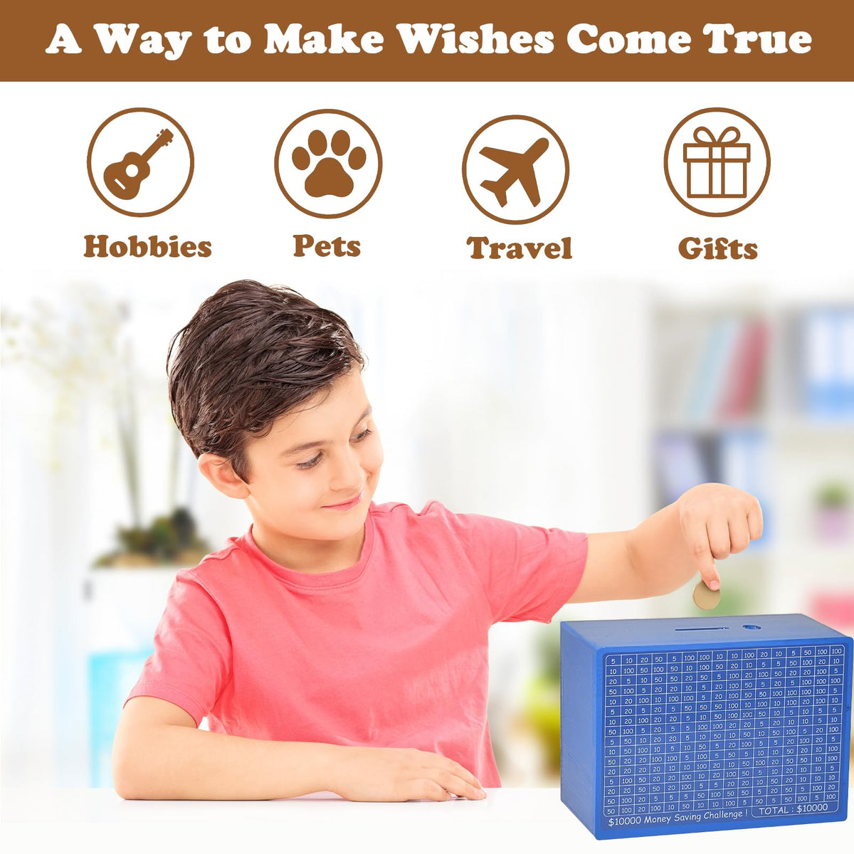 Suifaly Wooden Money Saving Box with Tracker – Blue Piggy Bank for All