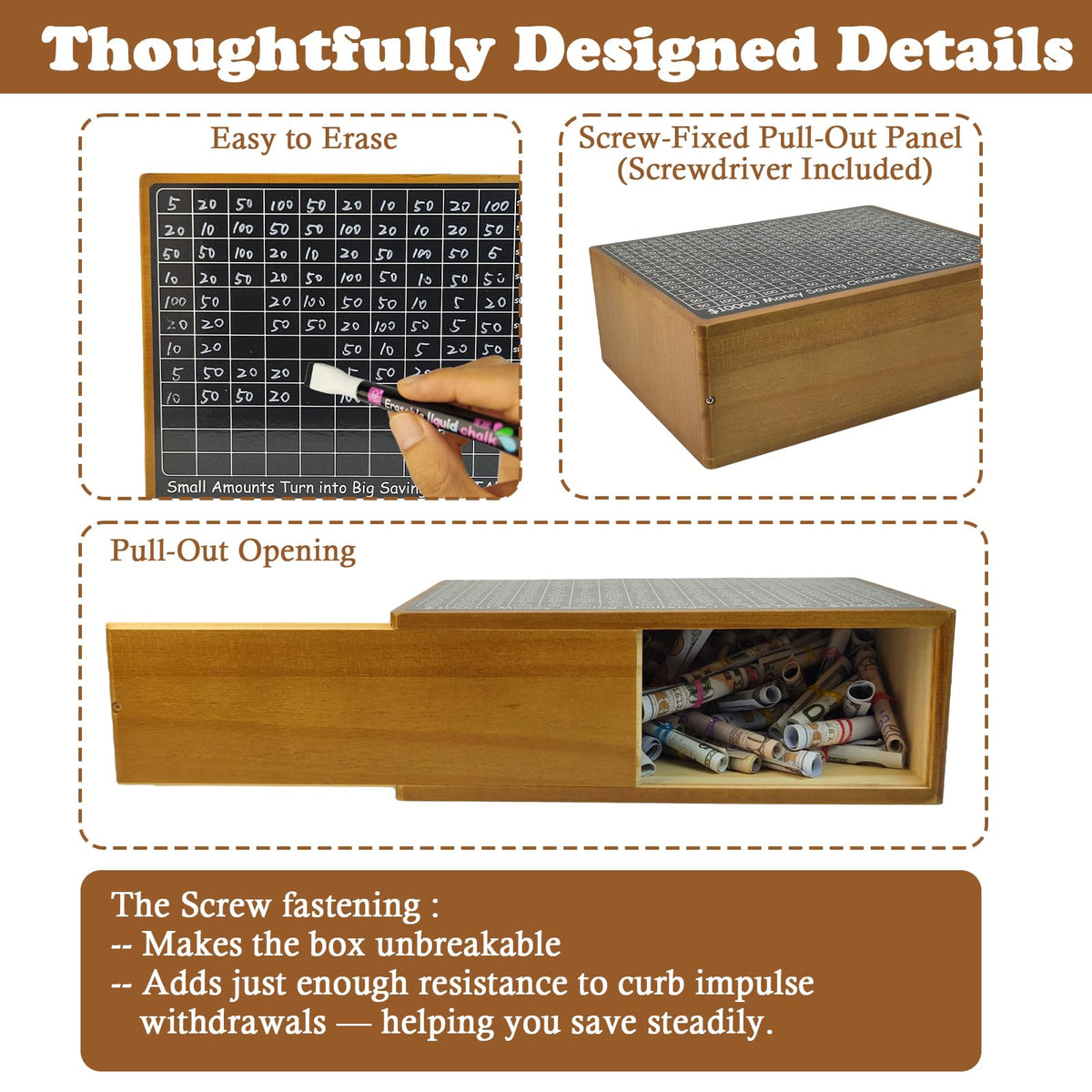 Suifaly Wooden Money Saving Box with Tracker – Cash Vault for Adults & Kids
