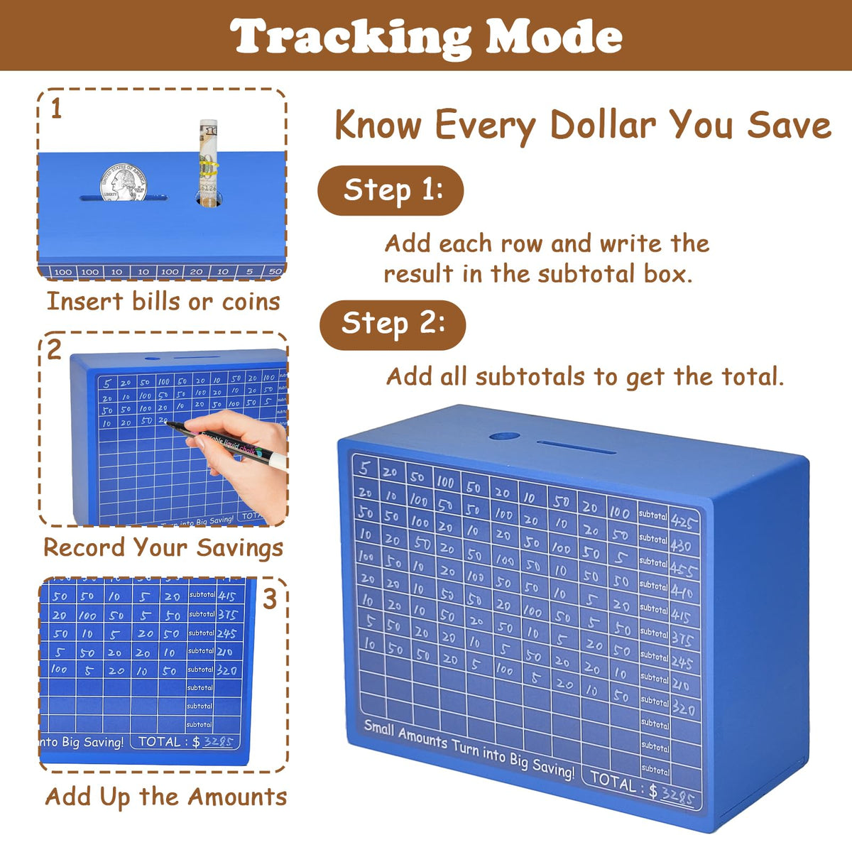 Suifaly Wooden Money Saving Box with Tracker – Blue Piggy Bank for All