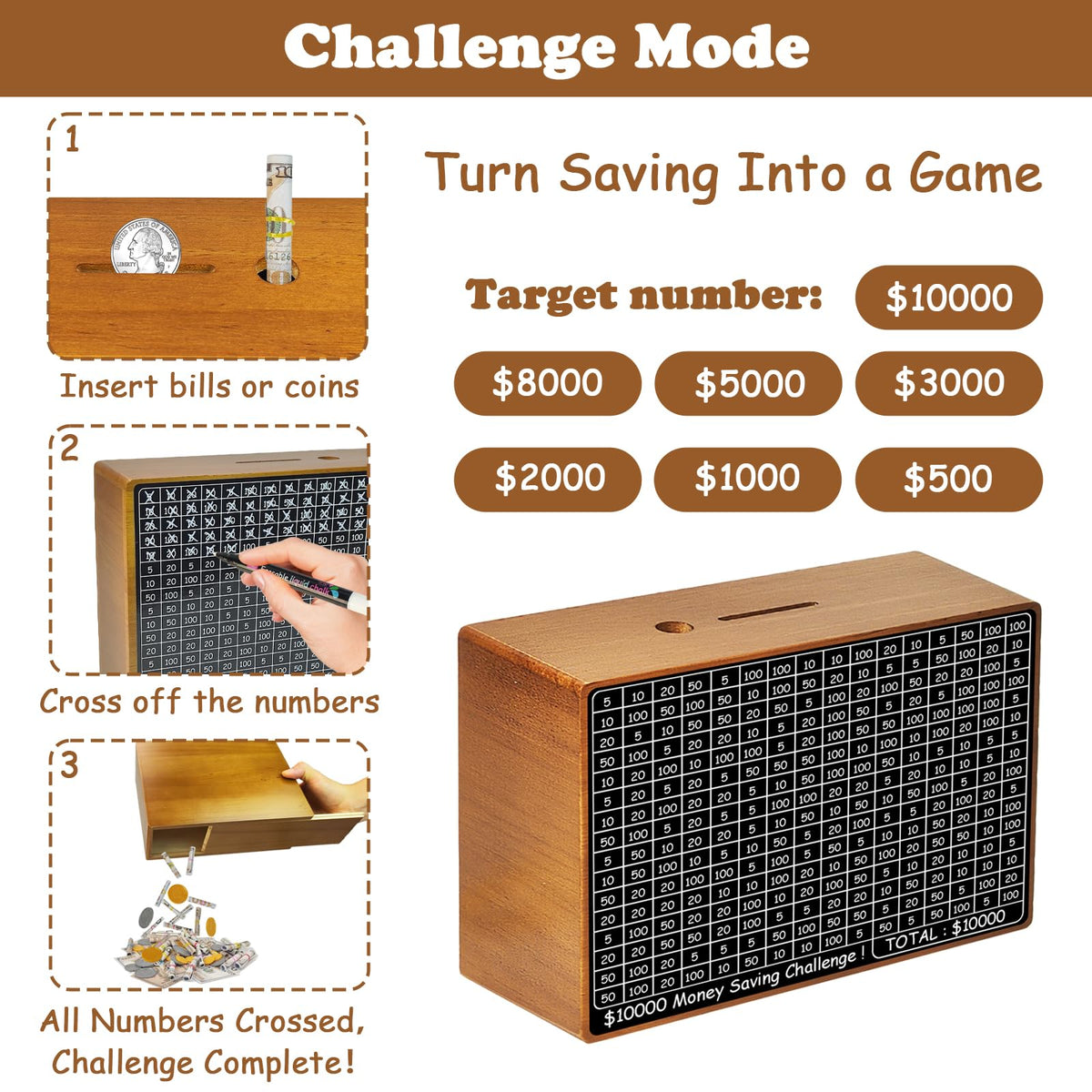 Suifaly Wooden Money Saving Box with Tracker – Cash Vault for Adults & Kids