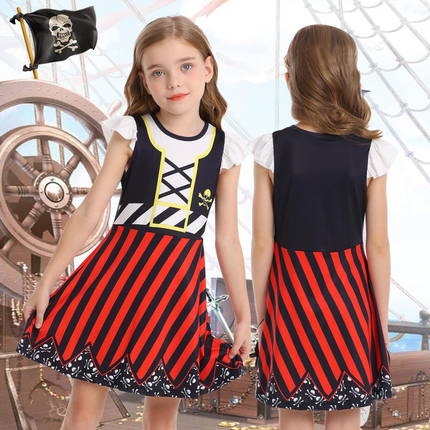 Sukyfecde Buccaneer Costume for Girls - Pirate Dress Up, 3T, Red