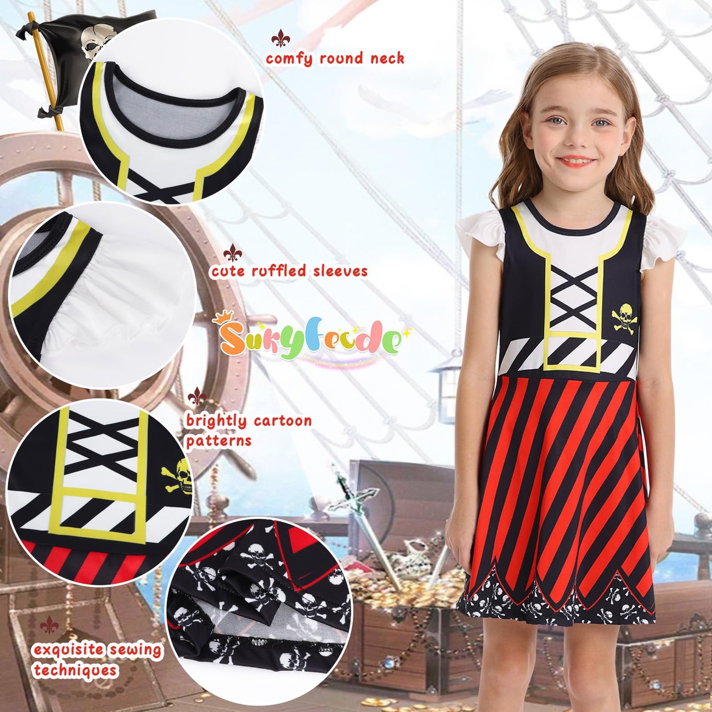 Sukyfecde Buccaneer Pirate Dress for Girls | Size 6 Red Halloween Costume