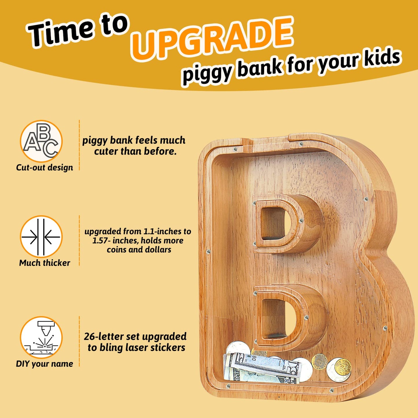 Sulevalt Piggy Bank for Kids – Large Personalized Wooden Alphabet Letter Bank with Cut-Out Design