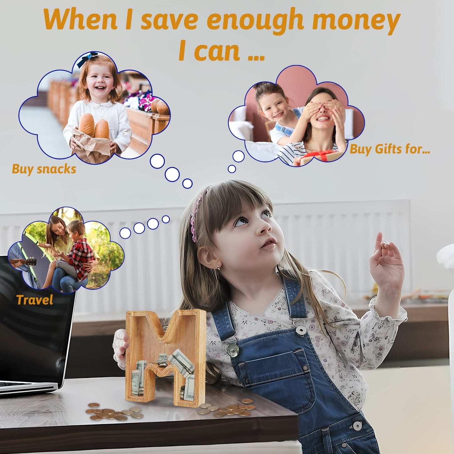 Sulevalt Piggy Bank for Kids – Large Personalized Wooden Alphabet Letter Bank with Cut-Out Design