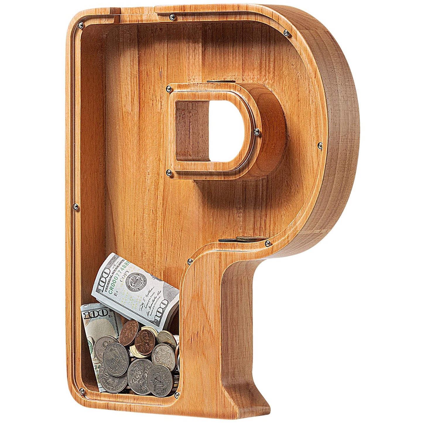 Sulevalt Piggy Bank for Kids – Large Personalized Wooden Alphabet Letter Bank with Cut-Out Design