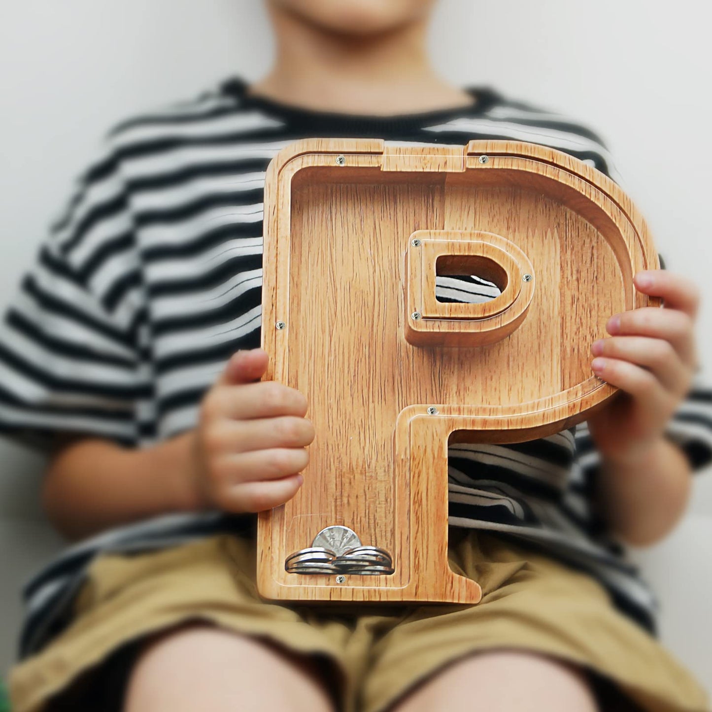Sulevalt Piggy Bank for Kids – Large Personalized Wooden Alphabet Letter Bank with Cut-Out Design