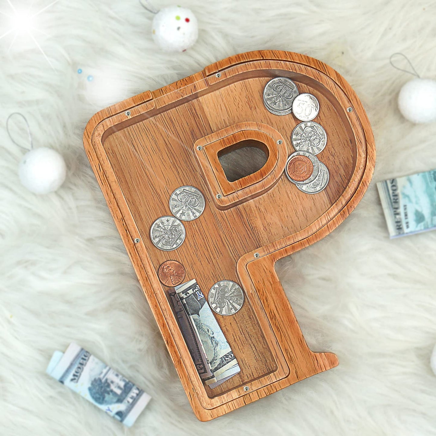 Sulevalt Piggy Bank for Kids – Large Personalized Wooden Alphabet Letter Bank with Cut-Out Design