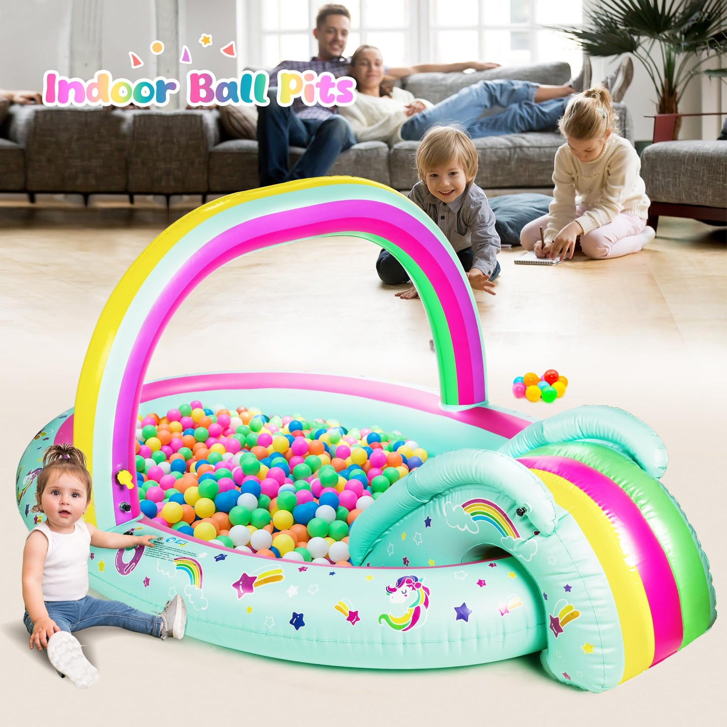 SULIFEEL Rainbow Unicorn Inflatable Pool with Slide & Sprinkler | 96x59x39 in Backyard Play Center + Free Pump