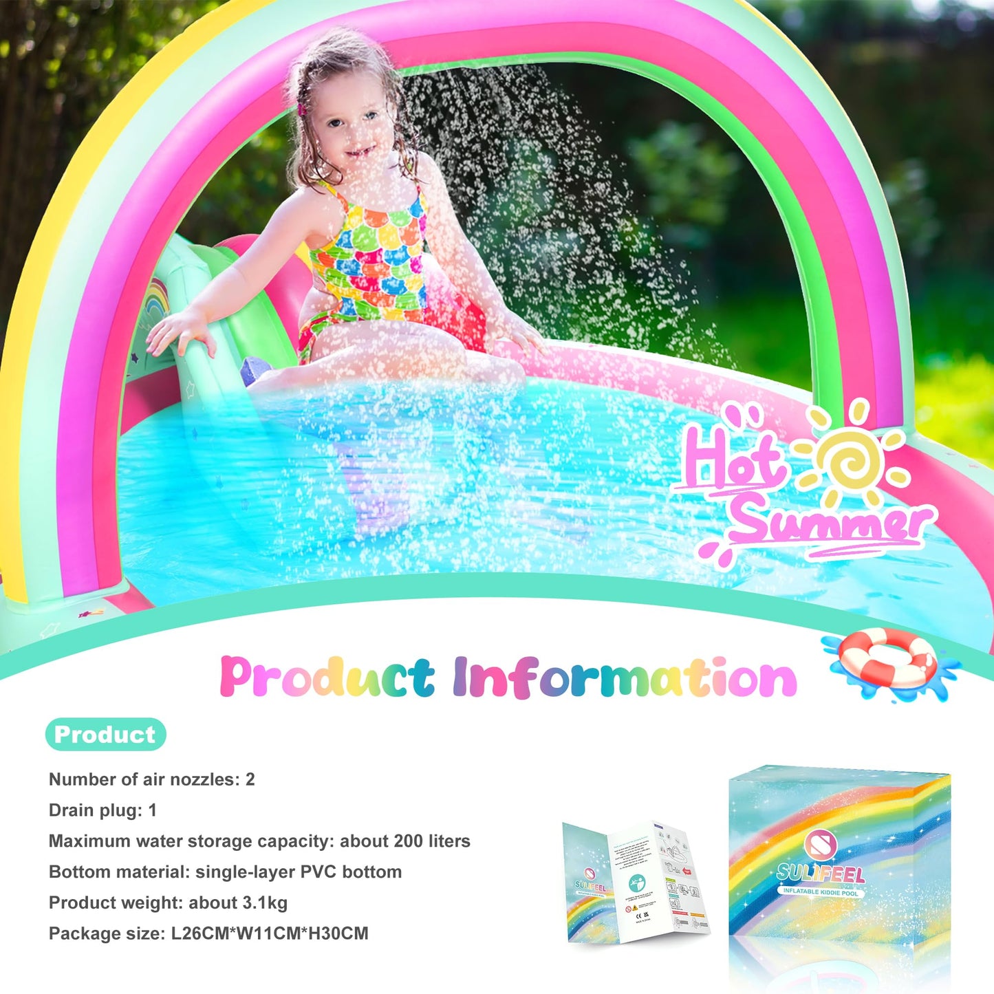 SULIFEEL Rainbow Unicorn Inflatable Pool with Slide & Sprinkler | 96x59x39 in Backyard Play Center + Free Pump