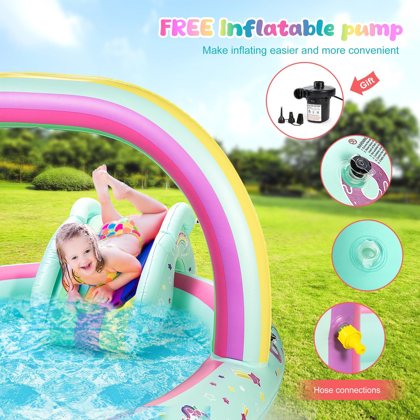 SULIFEEL Rainbow Unicorn Inflatable Pool with Slide & Sprinkler | 96x59x39 in Backyard Play Center + Free Pump