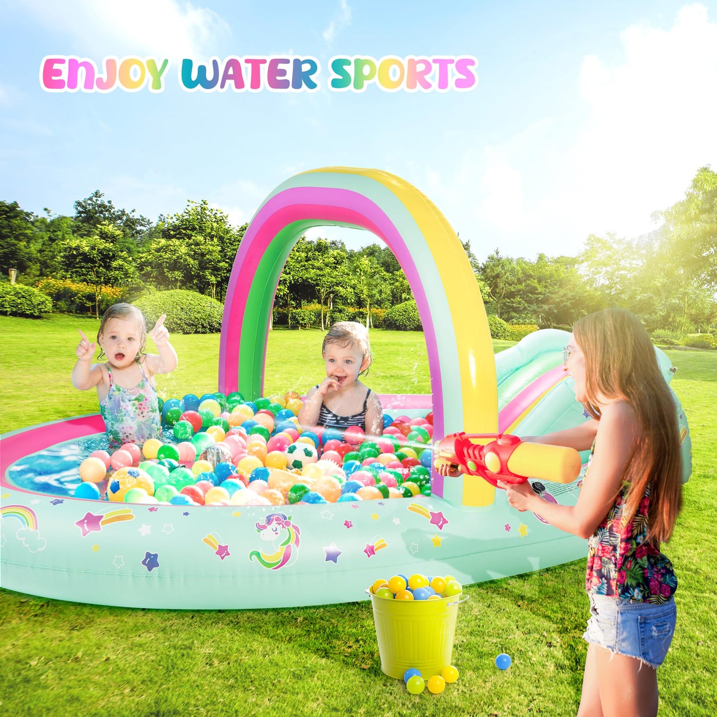 SULIFEEL Rainbow Unicorn Inflatable Pool with Slide & Sprinkler | 96x59x39 in Backyard Play Center + Free Pump