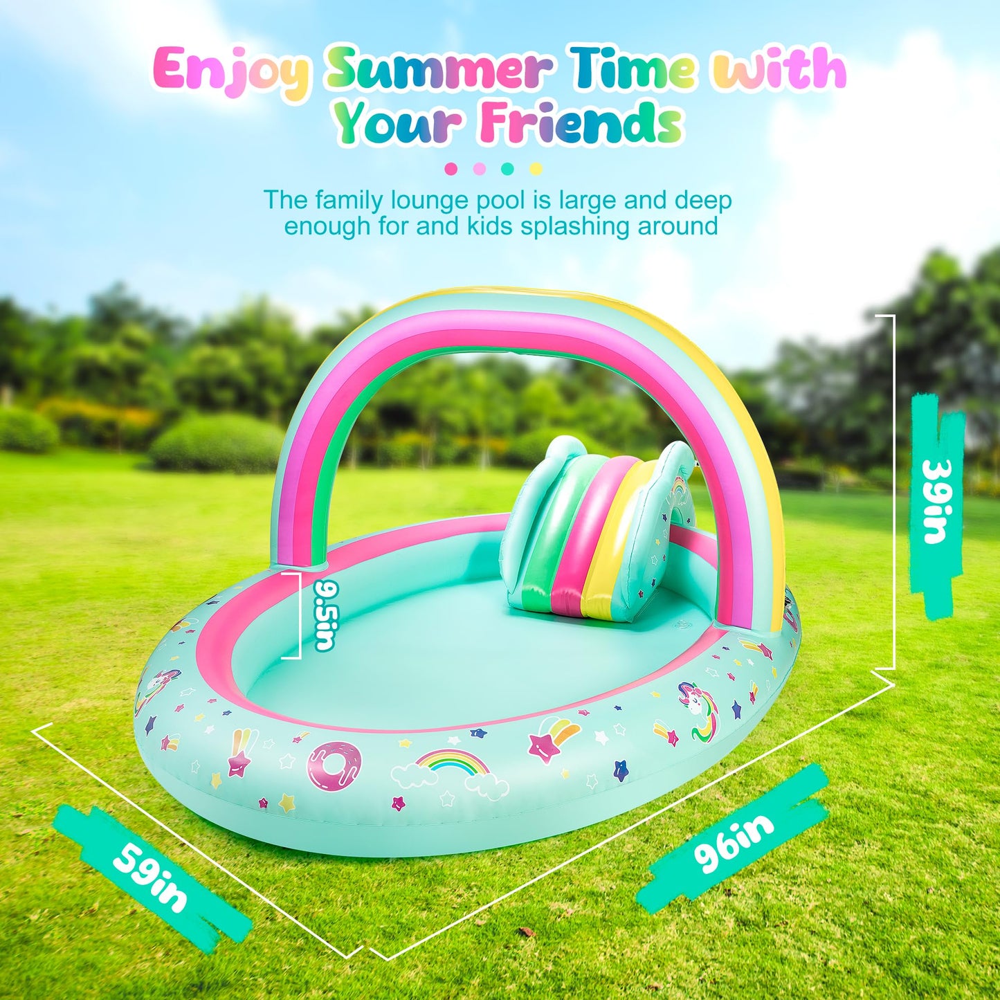 SULIFEEL Rainbow Unicorn Inflatable Pool with Slide & Sprinkler | 96x59x39 in Backyard Play Center + Free Pump