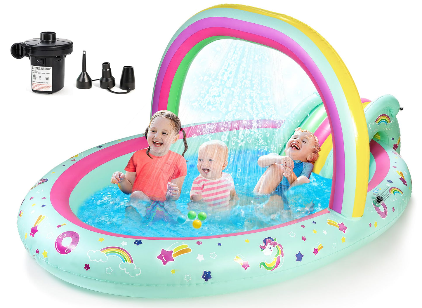 SULIFEEL Rainbow Unicorn Inflatable Pool with Slide & Sprinkler | 96x59x39 in Backyard Play Center + Free Pump