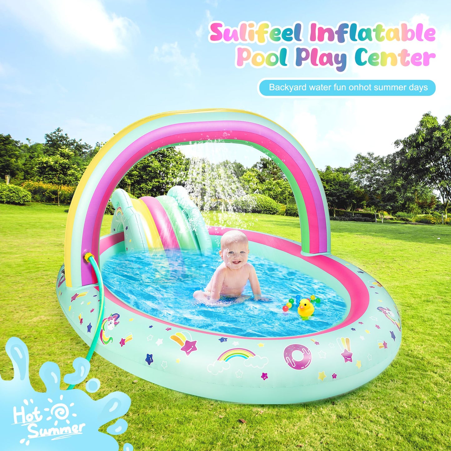 SULIFEEL Rainbow Unicorn Inflatable Pool with Slide & Sprinkler | 96x59x39 in Backyard Play Center + Free Pump
