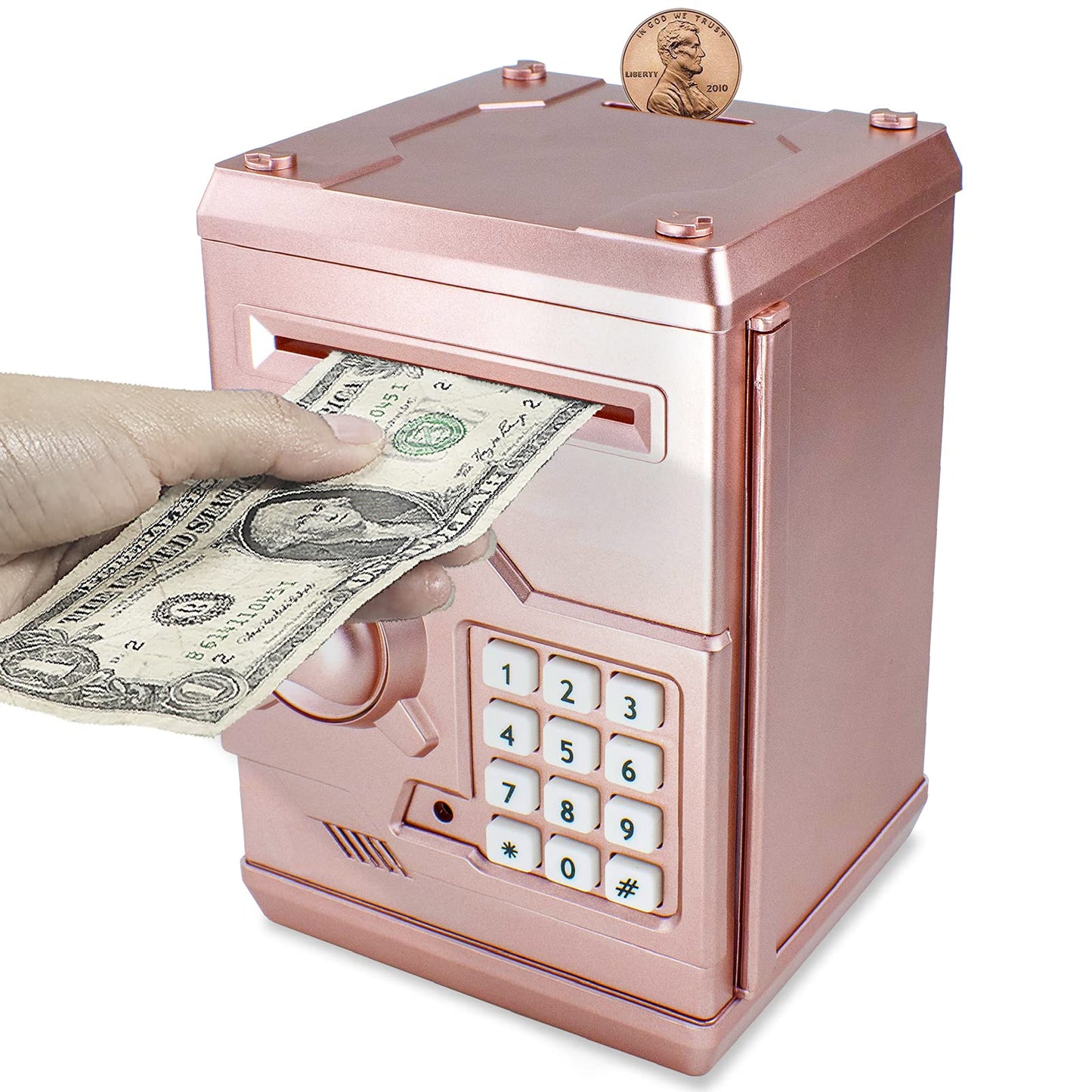 Suliper Electronic Piggy Bank with Code Lock – Rose Gold Mini ATM Safe for Kids