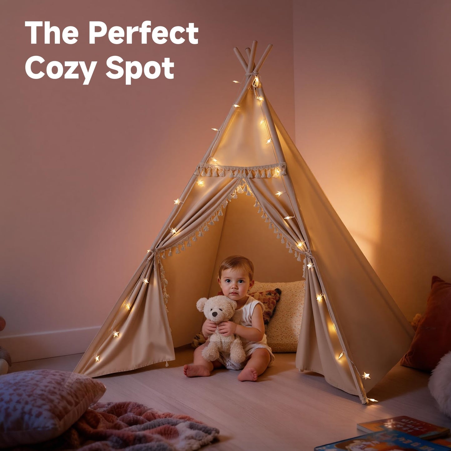 Sumbababy Kids Teepee Tent Khaki – Foldable Cotton Canvas Play Tent with Tassel Trim & Star Lights