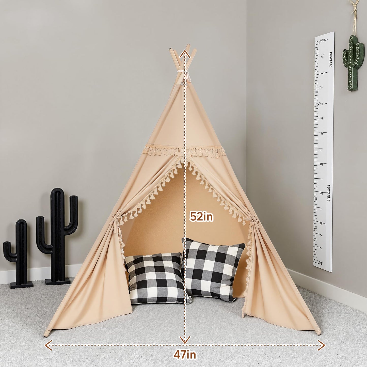 Sumbababy Kids Teepee Tent Khaki – Foldable Cotton Canvas Play Tent with Tassel Trim & Star Lights