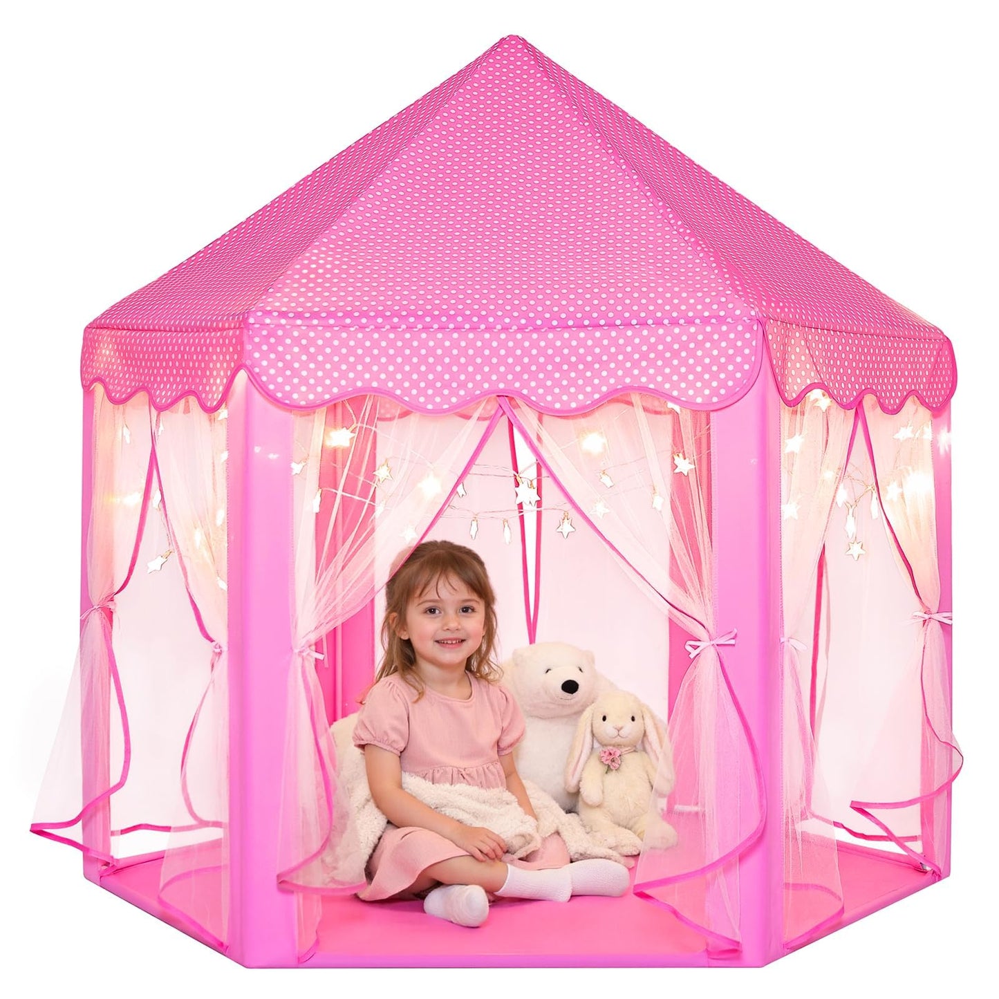 Sumbababy Princess Castle Tent for Girls — Pink Hexagon Playhouse with Fairy Star Lights