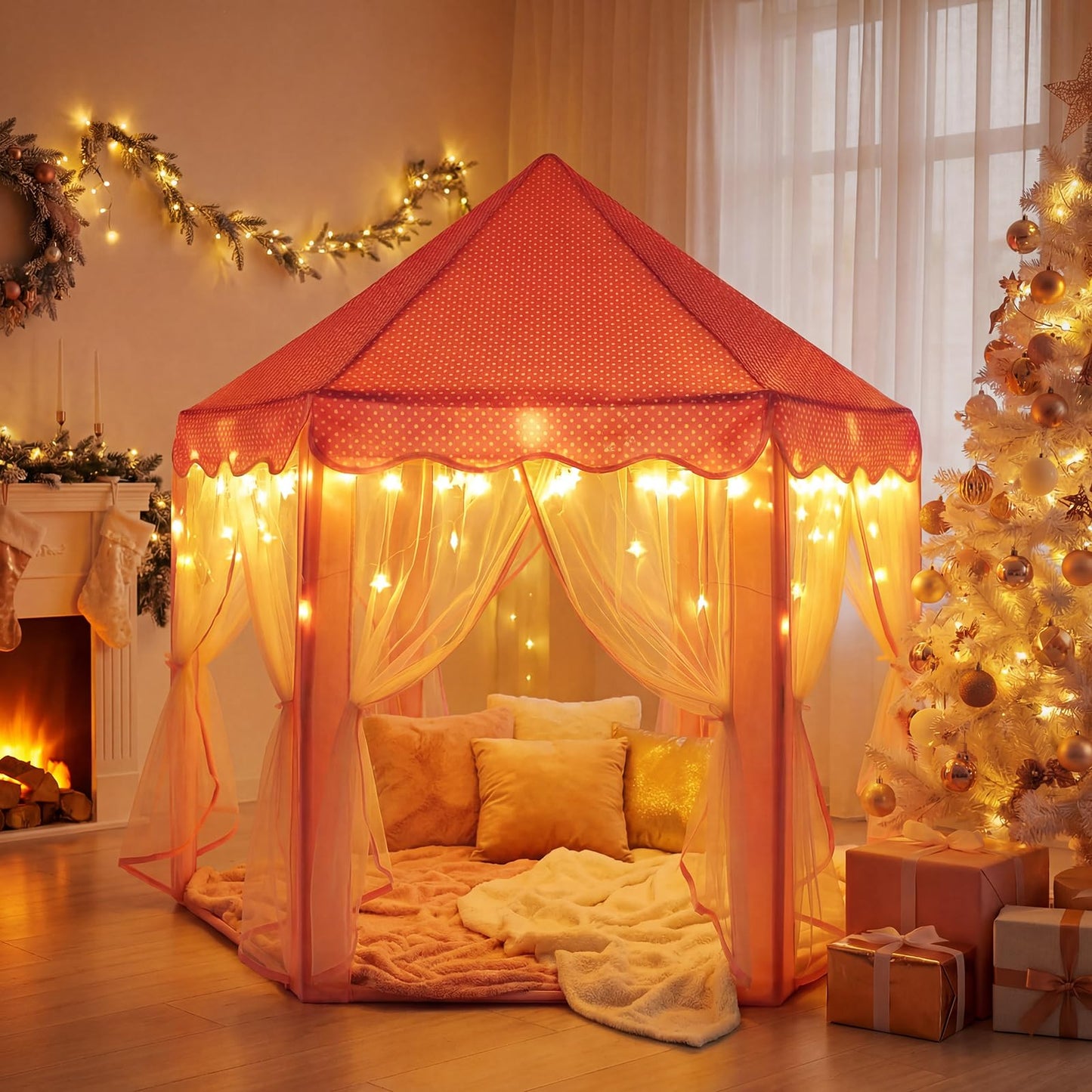 Sumbababy Princess Castle Tent for Girls — Pink Hexagon Playhouse with Fairy Star Lights
