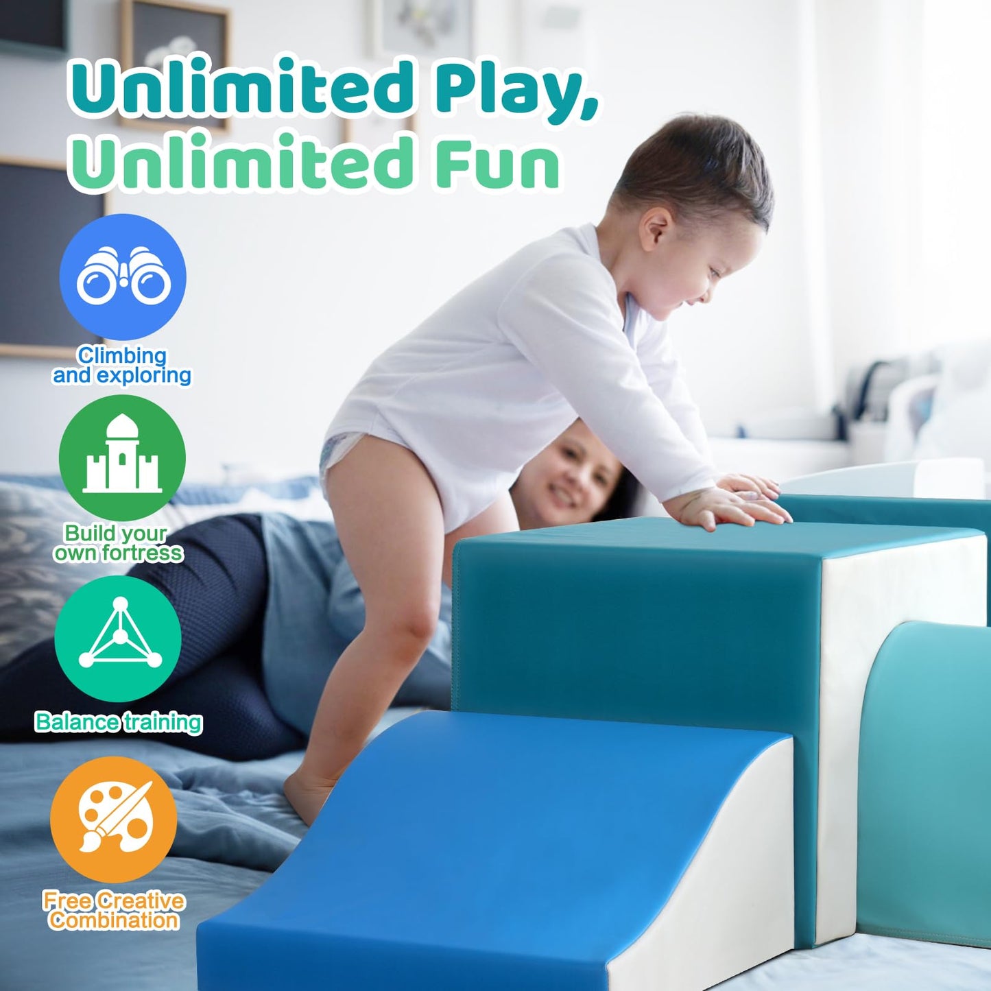 Sumbababy Foam Climbing Blocks for Toddlers with Tunnel - 4-Piece Indoor Soft Climber (Green)