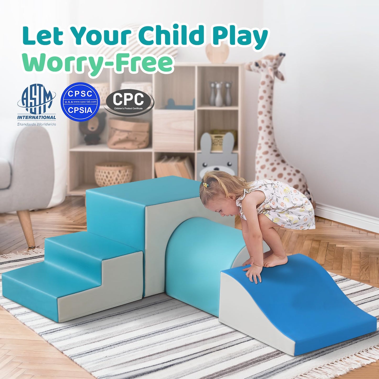 Sumbababy Foam Climbing Blocks for Toddlers with Tunnel - 4-Piece Indoor Soft Climber (Green)